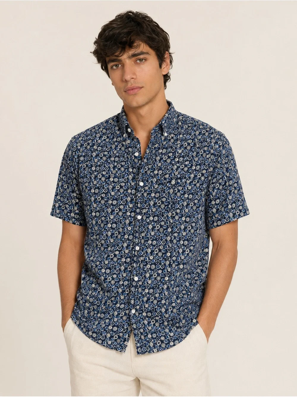 J. Crew Navy Floral Short-Sleeve Button-Down Shirt